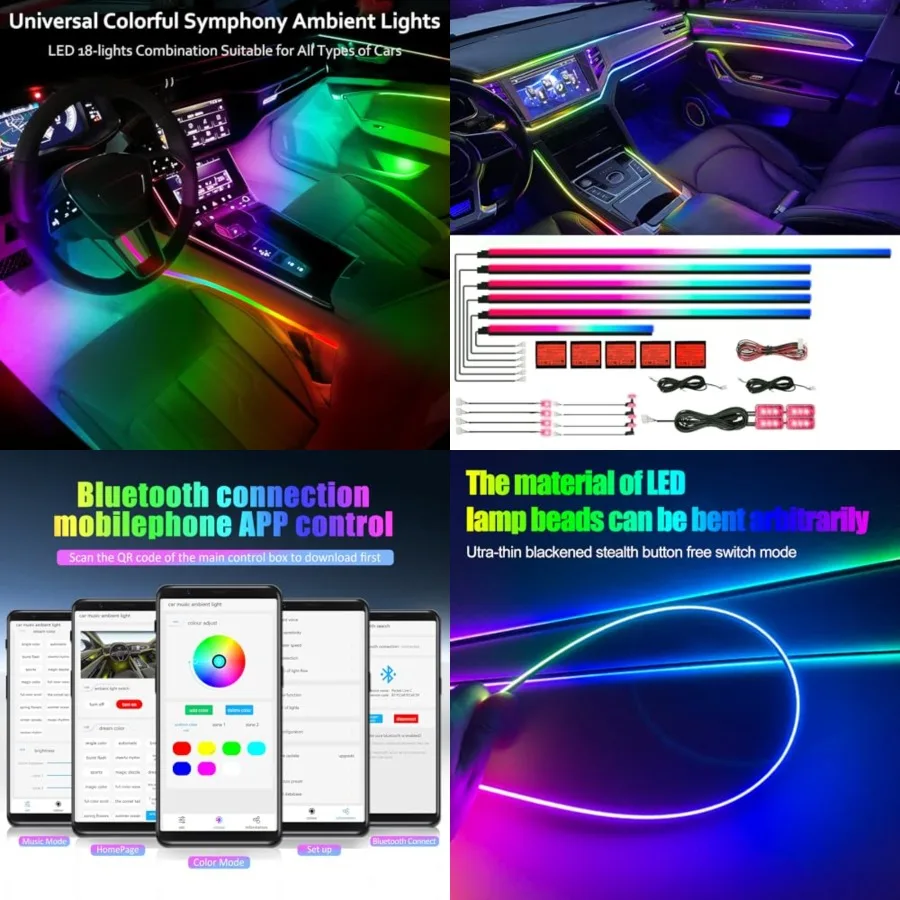 

Acrylic Interior Car LED Strip Light with APP, 18-in-1 128 Colorful 6 Pieces Fiber Optic Car Decoration Atmosphere Light Kits,