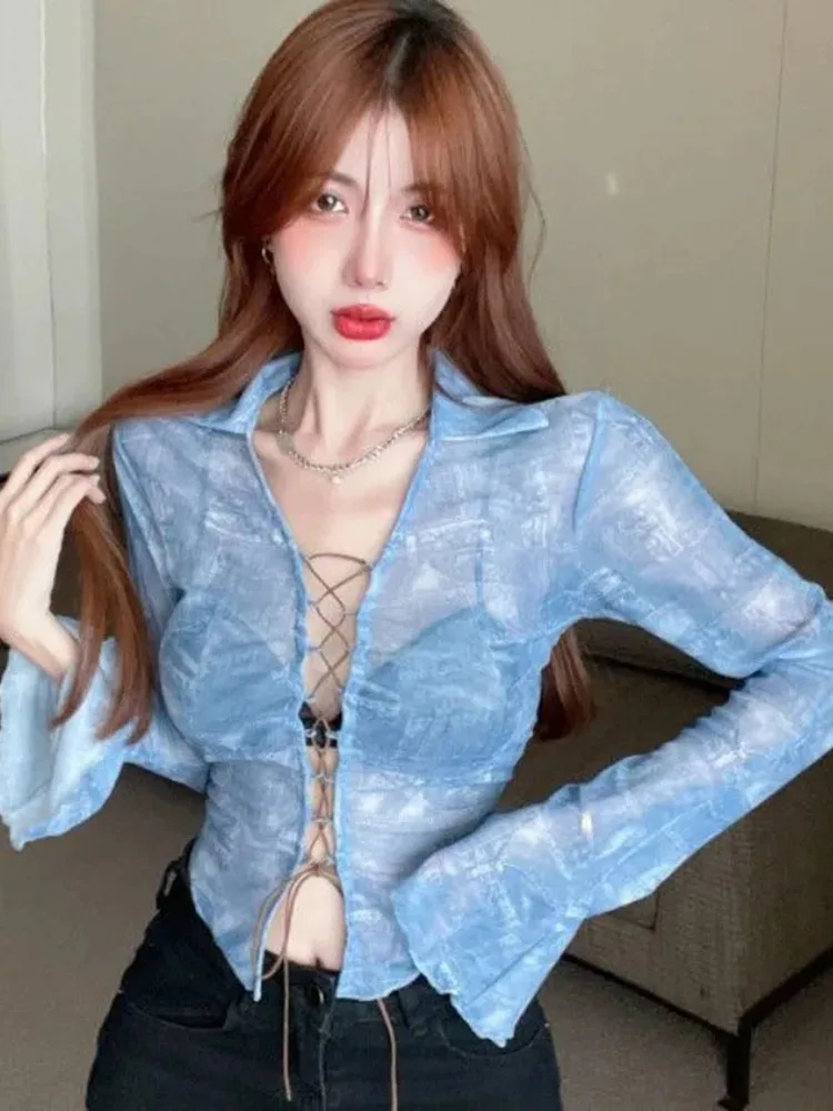 

Sexy Mesh Tie Dye Print Lace Up Long Sleeve Blouse Women Retro Hollow Out Slim Chic Crop Top Fashion Sheer Y2k Shirts