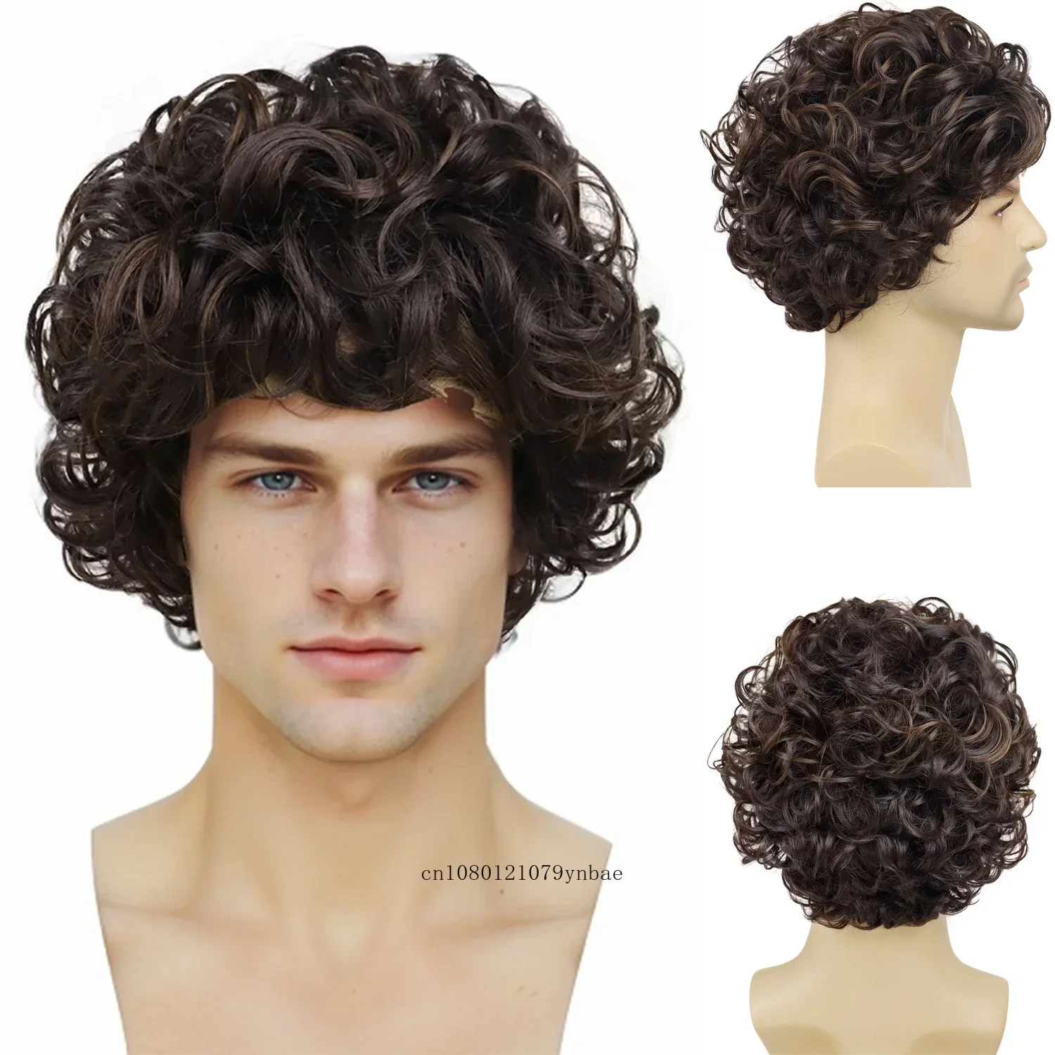 

Модные короткие вьющиеся парики из синтетического волокна для мужчин, смешанный коричневый цвет, сменный парик, натуральные прически, повседневный костюм, косплей