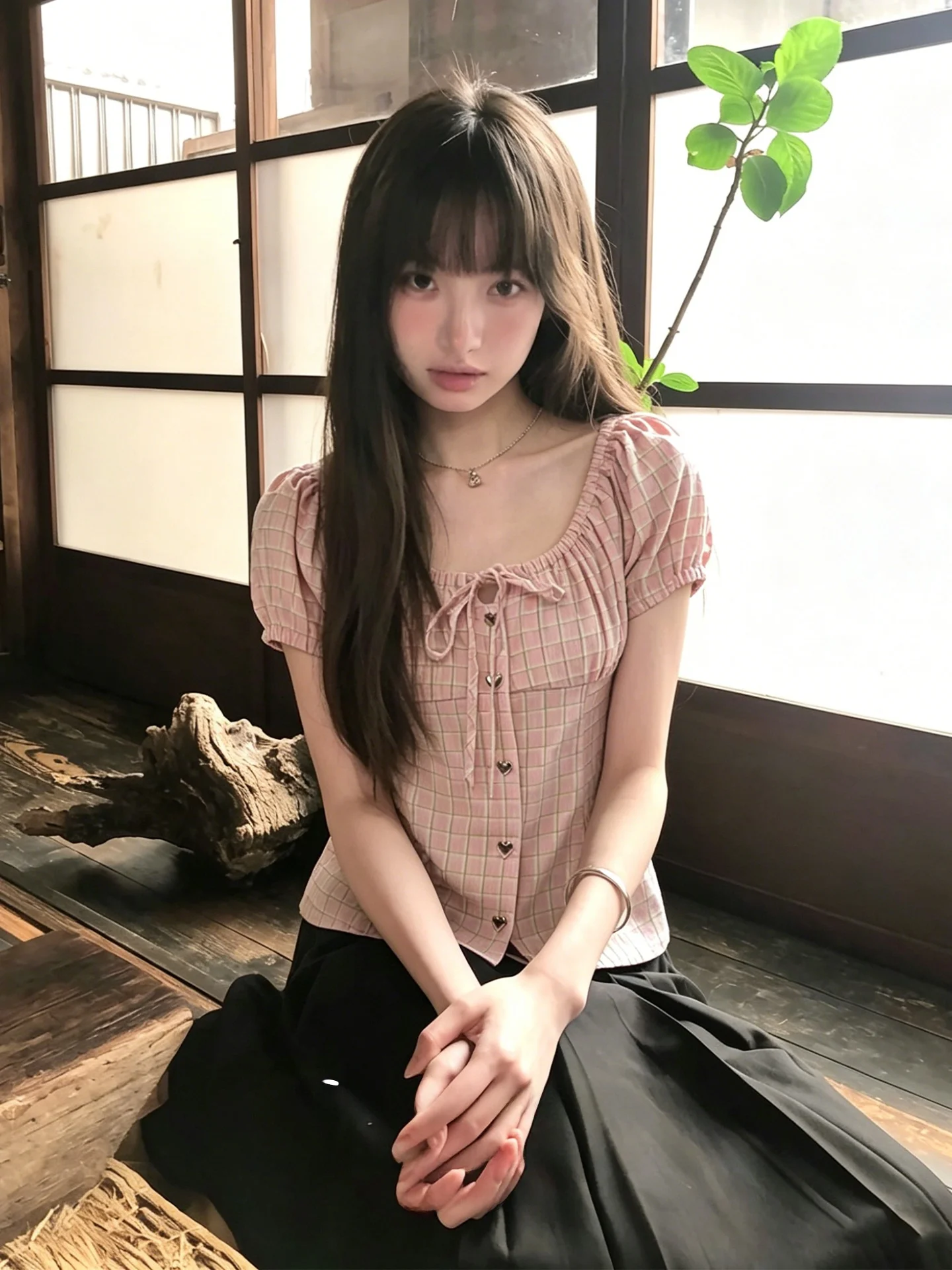

Korean Style Pink Plaid Short Sleeve Women's Shirt Summer Fashion Tie Waist Slim Fit Bubble Sleeve Top Breathable Cool Sensation