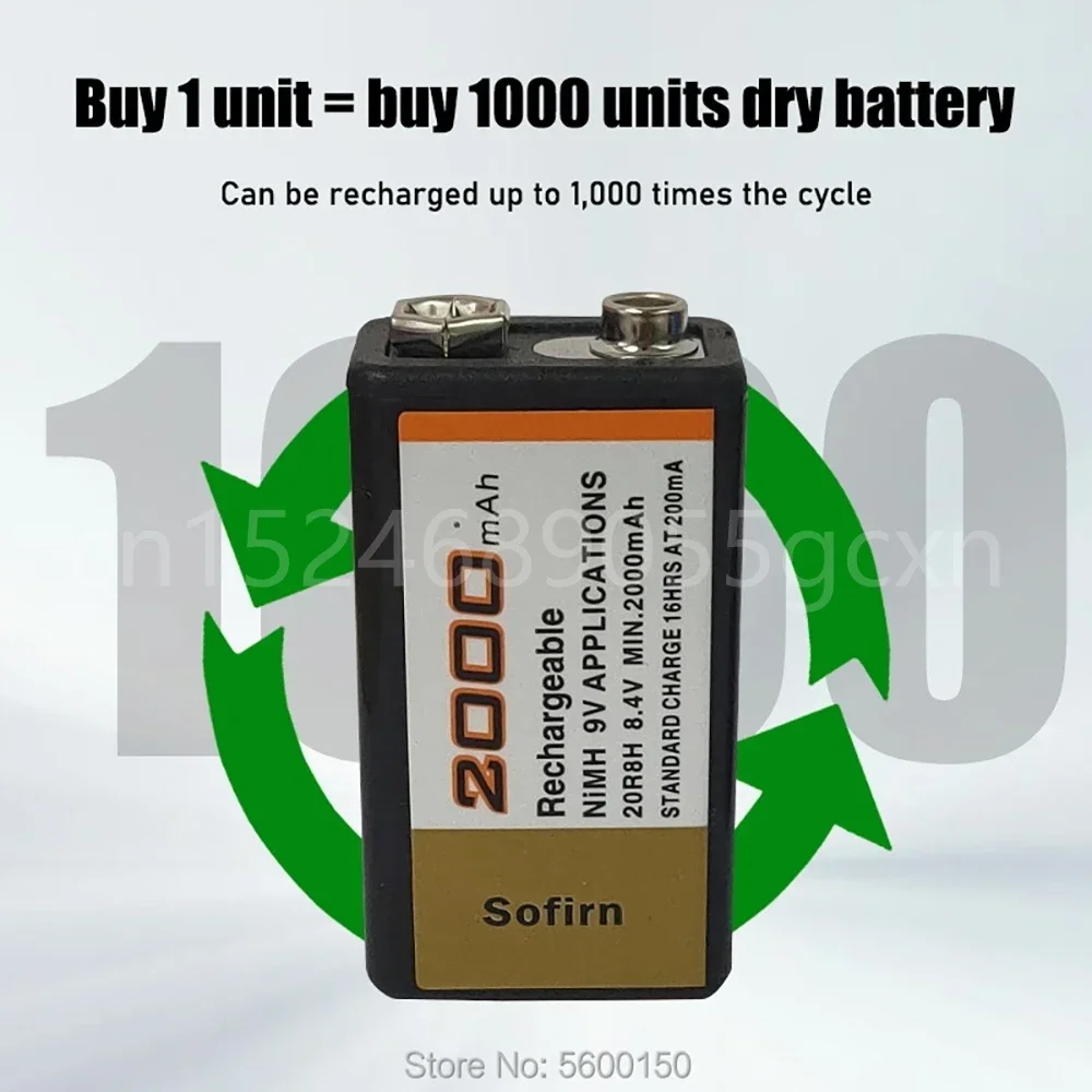 100% 오리지널 Sofirn 충전식 Ni-MH Nimh 배터리, 마이크 인터폰 연기 경보 자동차 완구용, 9V 2000MAh