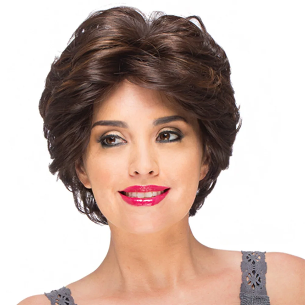 

Short Curly Mixed Brown Synthetic Wig Pixie Cut Wavy Bob Wigs With Bangs Women Heat Resistant Fiber Daily Party Use Hair Wigs