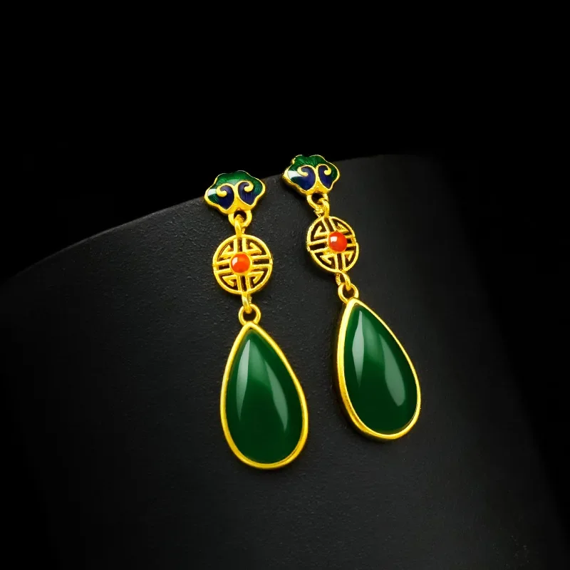 

9999 Real Gold 24K Ethnic Style Women's National Style Chalcedony Earrings Long Retro Women's Earrings Ancient Style Water Drop