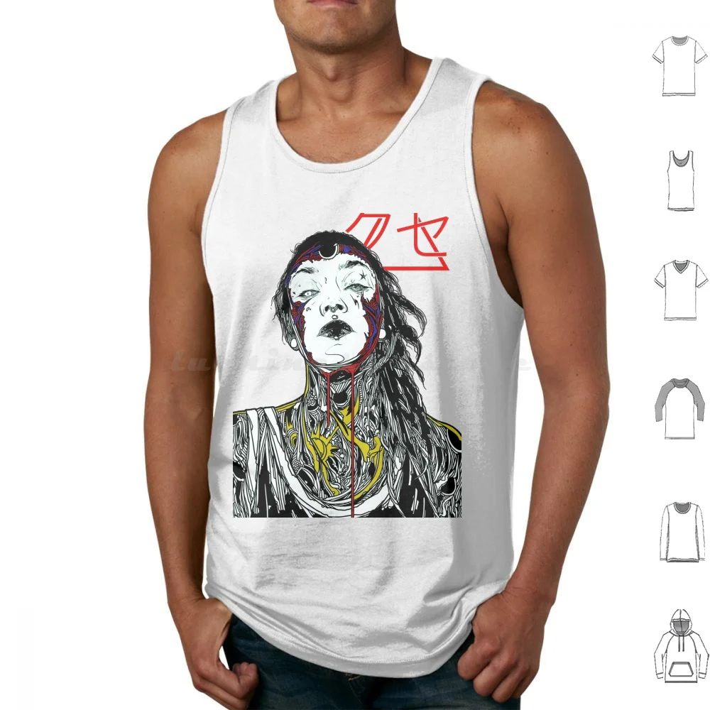 Cyborg Girl Colorful Desing Tank Tops Print Cotton Cyborg Girl Glitch Vaporwave Japanese Hipster Future Fashion