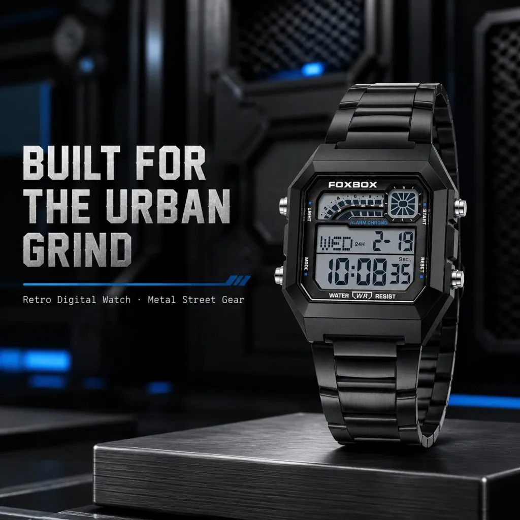 FOXBOX Luxury Waterproof Digital Watch for Men Stainless Steel Sports Countdown LED Display Mens Wristwatches Shockproof+Box