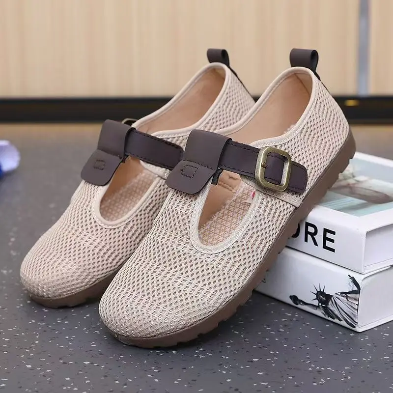 

Woman's New Flat Sole Mesh Casual Shoes Summer Soft Sole Non Slip Round Toe Slip On Lightweight Breathable Elderly Walking Shoe