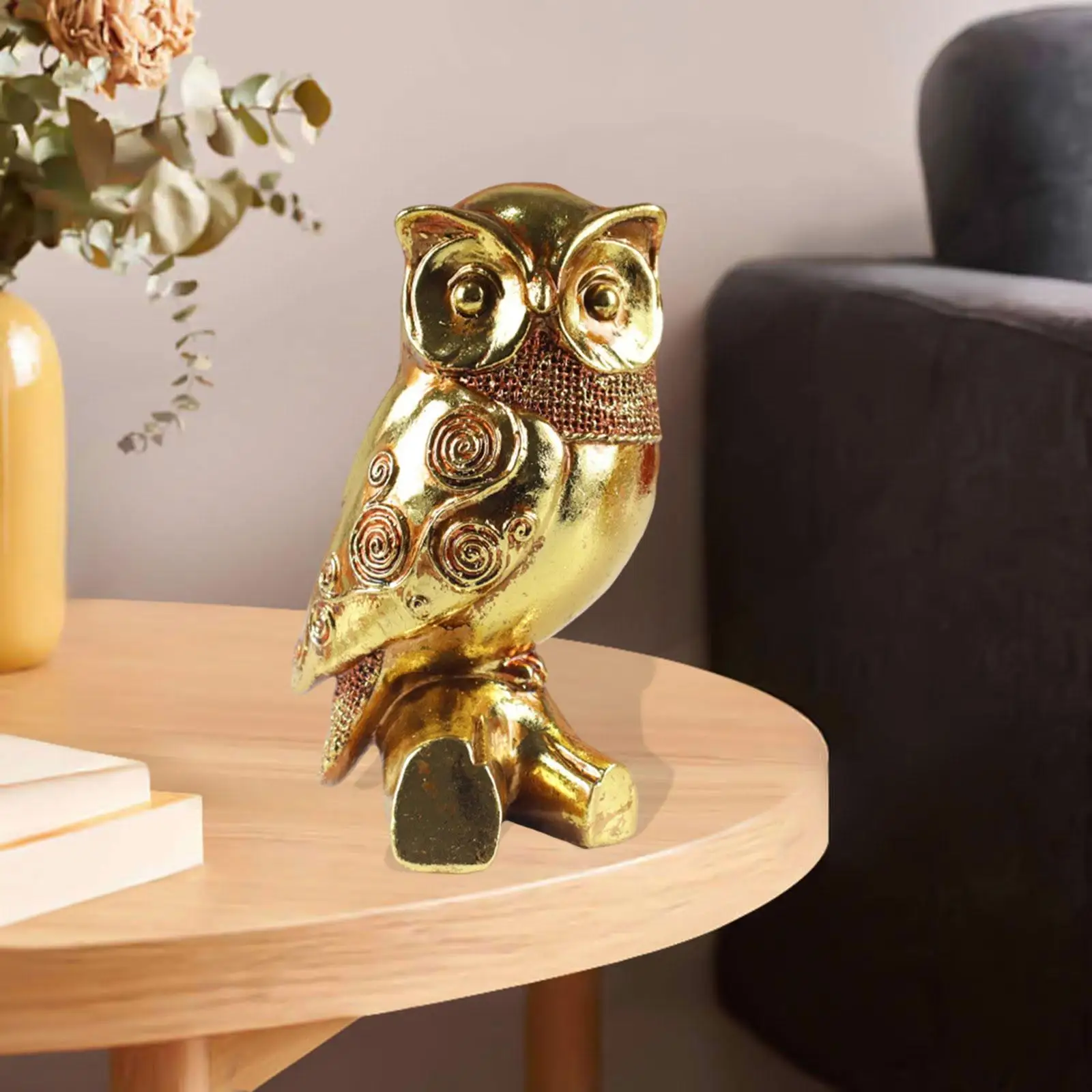 

Golden Owl Statue Cute Small Animal Sculpture for Bookshelf Shelf Countertop