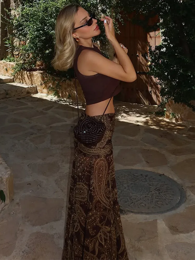 تنورة طويلة مثيرة مطبوعة بطيات للنساء فضفاضة على شكل حرف a عالية الخصر فساتين الحفلات النسائية موضة صيف 2025 رداء سهرة للسيدات