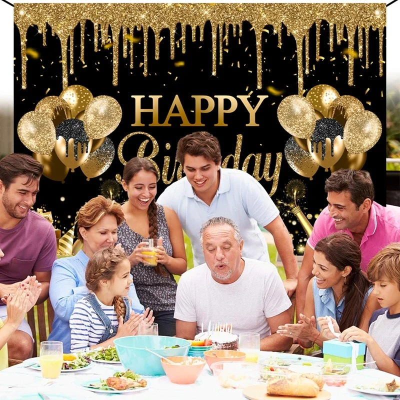 Goldglitzernder Polyester-Hintergrundstoff für Geburtstagsfeiern, Hintergrundbanner, perfekt für eine schwarze und goldene Happy-Birthday-Themenparty für Erwachsene – Detail 2
