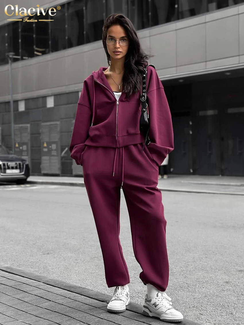 Clacive Fashion Loose Purple Trousers Sets For Women 2 Piece 2024 Elegant Long Sleeve Shirt With High Waist Pants Set Streetwear