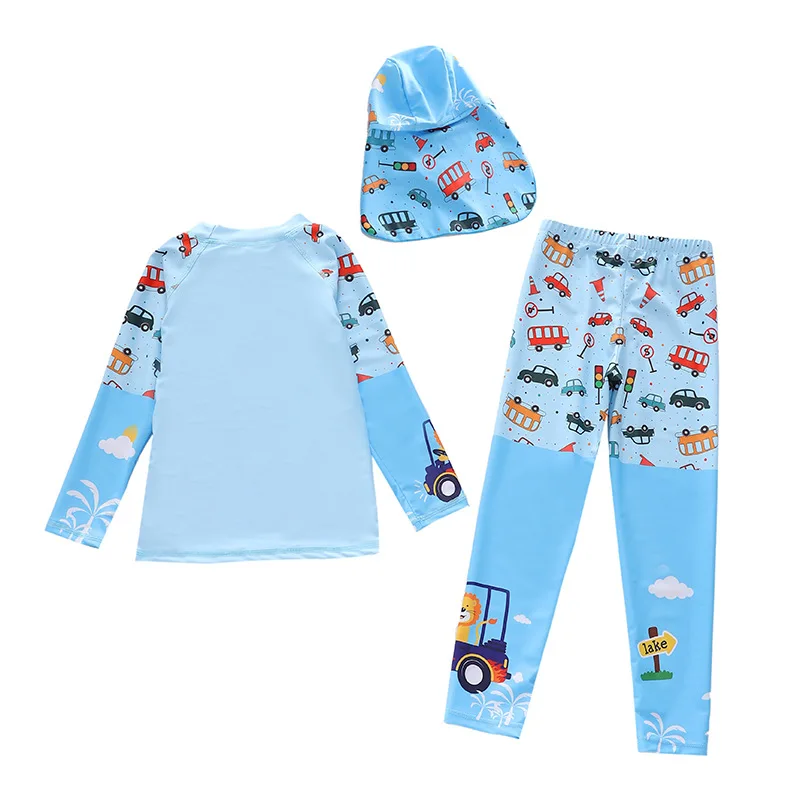 HappyFlute New Fashion Cartoon Print 3PCS Boy Medium And Large Children Long Sleeve Sun Protection &Quick Drying Swimsuit