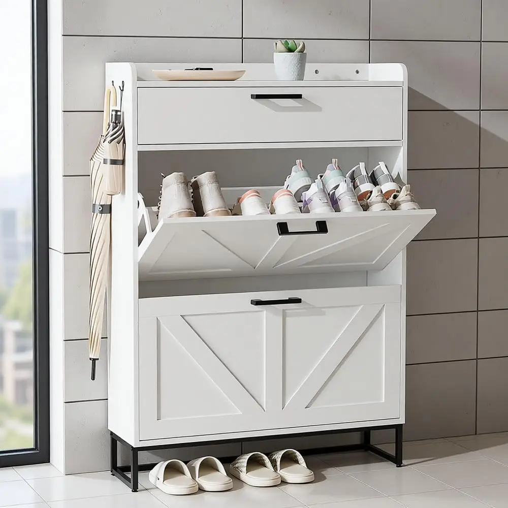 

Белый трехъярусный шкаф для хранения обуви с крючками, 44,9 В x 31,5 Вт, пылезащитная задняя панель для прихожей