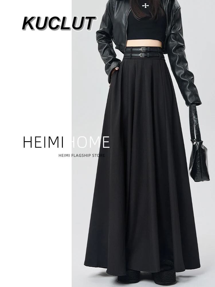 

Сплошная цветная плиссированная юбка для женщин, весна-лето-осень, расклешенные трапециевидные юбки средней длины высокого класса с двойным поясом, длинные юбки Femme