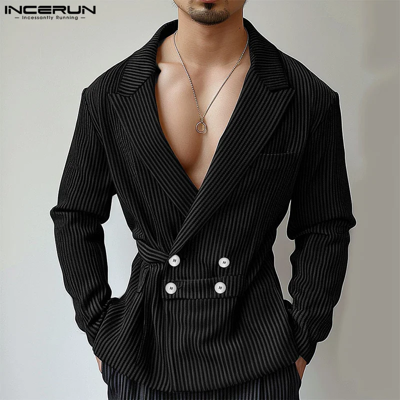 INCERUN Men Blazer Solid Color Lapel Long Sleeve Double Breasted Casual Suits Men Streetwear 2024 Fashion Male Thin Coats S-5XL