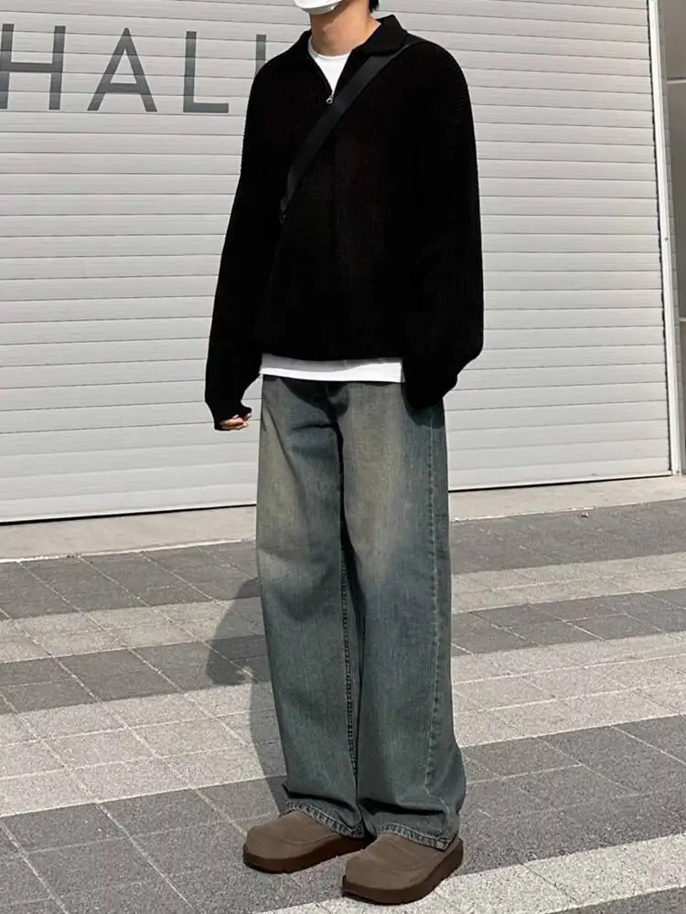 SYUHGFA جديد بسيط الرجال الدنيم السراويل الكورية نمط غسلها عادية واسعة الساق الجينز فضفاض مستقيم الساق الذكور السراويل 2025 الخريف #3