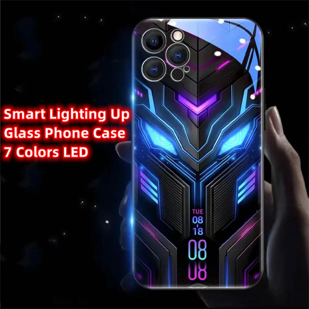 

Mechanical Armor Luminous Glass LED Call Light Up Flash Phone Case Cover For iPhone 15 14 13 12 11 Pro Max XR XS Plus SE2020