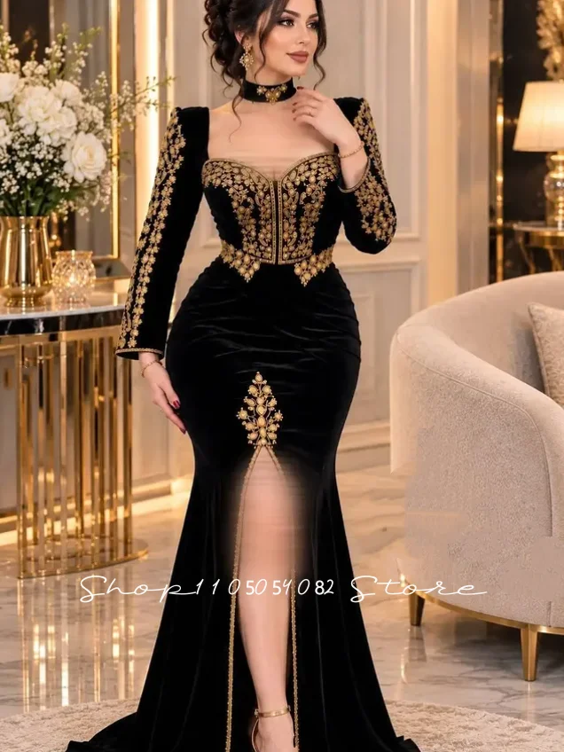 Customized Black Velvet Mermaid Evening Dress Long Sleeve Gold Embroidery Arabic Formal Party Gown vestido de fiesta lujo