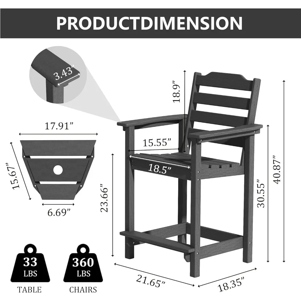 كرسي خارجي بارتفاع عداد HDPE مقاس 24 بوصة من OTSUN، مقاعد بار Adirondack مقاومة لجميع الأحوال الجوية للشرفة والمطبخ والشرفة (1 قطعة، Bl #3