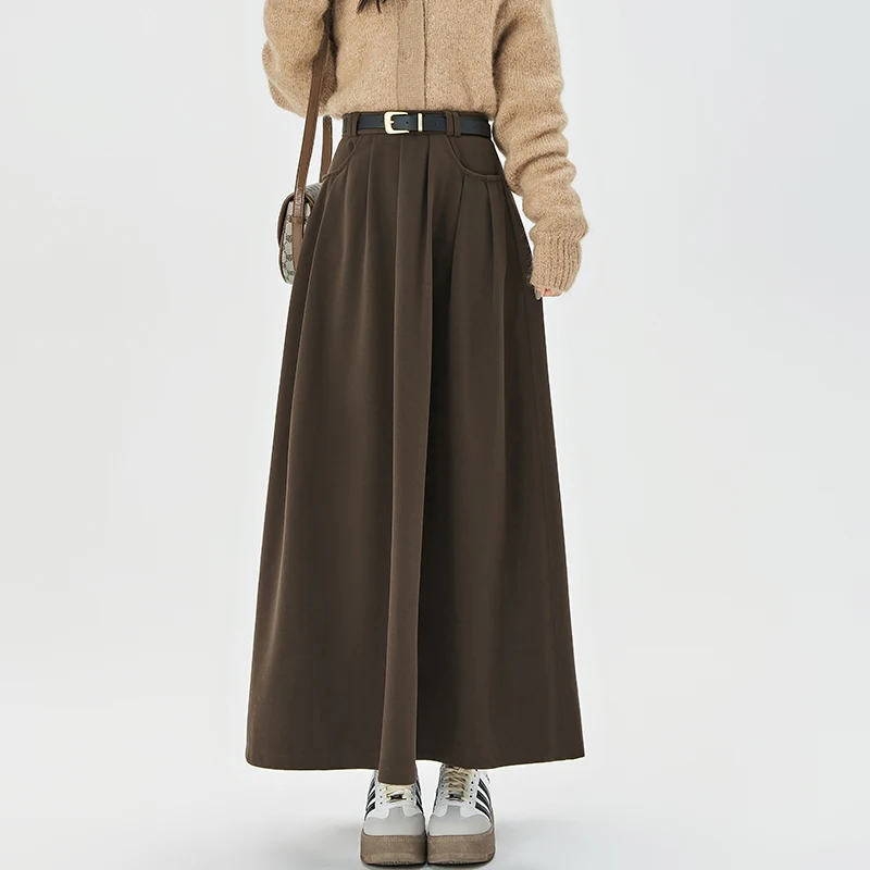 

High Waist Thicken Winter Woollen Maxi A-Line Skirt Woman 2023 Elegant Fashion Casual Loose Big Swing Saias Longas Lady Coffee