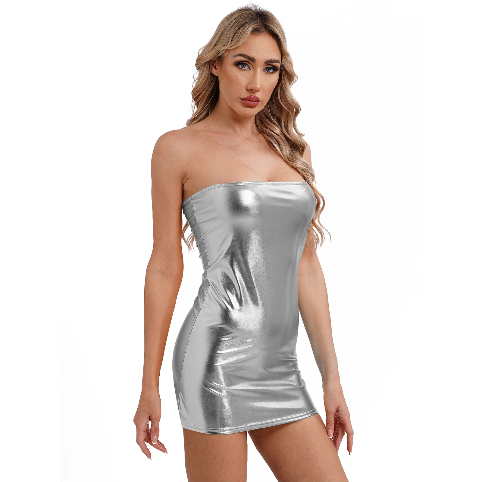 Vrouwen Sexy Metallic Glanzende Bodycon Jurk Voor Ddisco Rave Party Strapless Mouwloze Borst Wrap Cocktail Party Mini Jurk