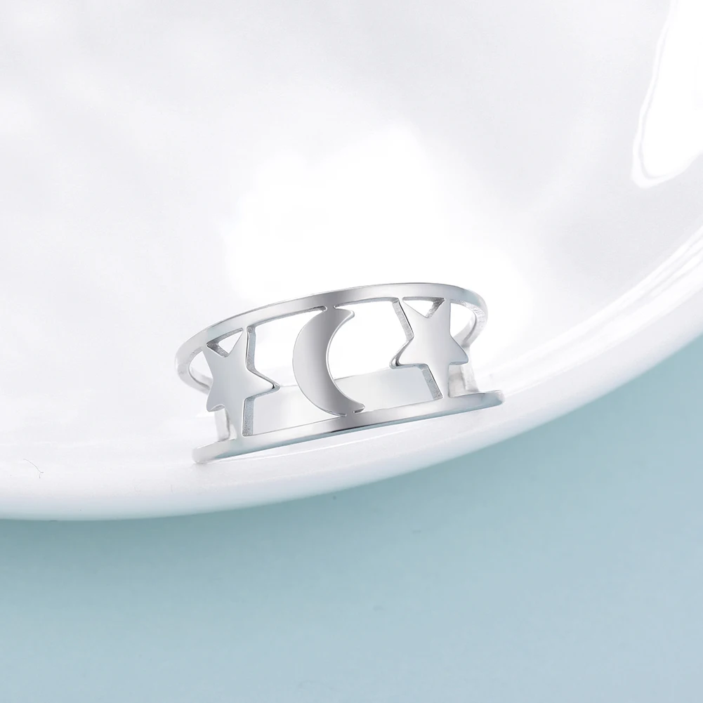 Kkjoy Fashion Simple Stainless Steel Gold Color Hollow Star Moon Finger Rings For Women Hot Selling Wedding Gift Wholesale image 3