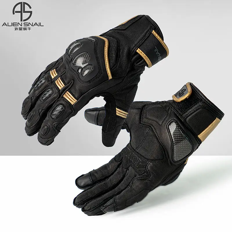 

ALIEN SNAIL Genuine Leather Carbon Fiber Motorcycle Gloves Men Racing Motorbike Road Racing Team Riding Gloves For Summer Winter