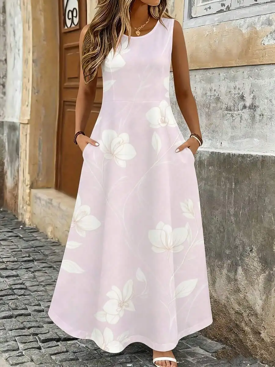 

Floral Print Sleeveless Maxi Dress Light Pink White Flowers Summer Beach Vacation Casual Elegant Long Dress
