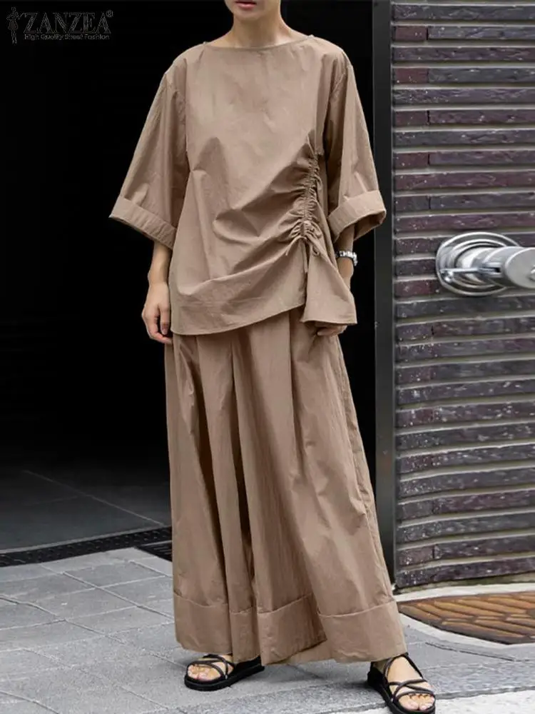 ZANZEA-ropa de calle para mujer, conjuntos de 2 piezas, pantalón liso de pierna ancha, blusa con dobladillo fruncido, trajes de 2 uds, conjuntos de pantalones informales sueltos, otoño 2024