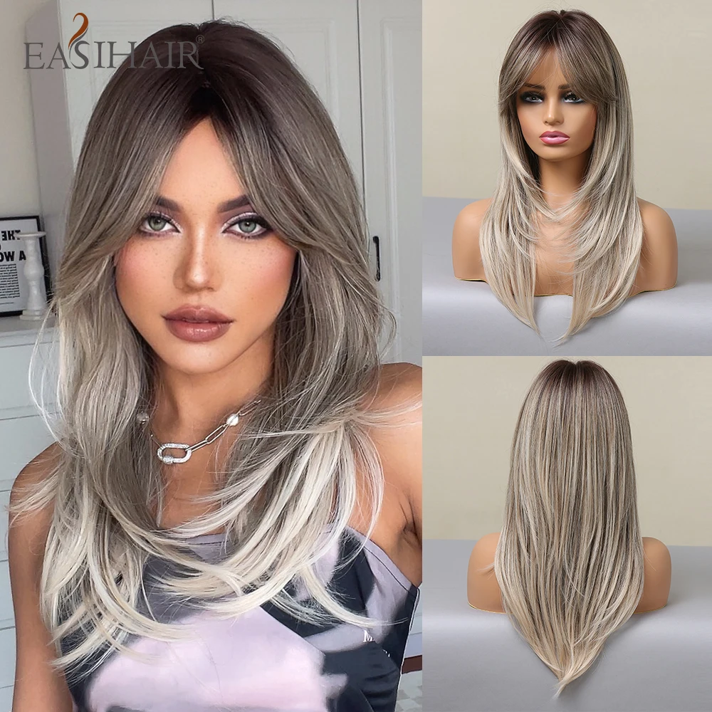 

EASIHAIR Brown Blonde Ombre Layered Synthetic Wigs for Women Natural Hair Wigs with Bangs Daily Cute Cosplay Wig Heat Resistant