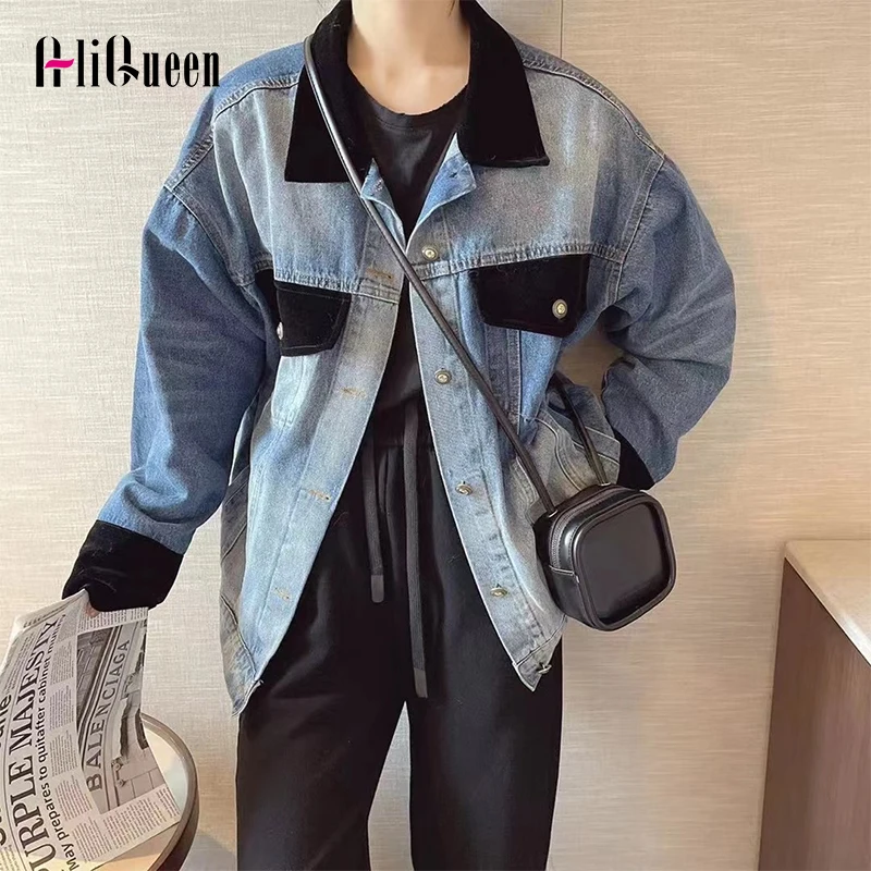 

Oversized Vintage Blue Jean Jacket Turn Down Collar Velvet Patchwork Long Sleeve Denim Coat Women Loose Outwear Streetwear