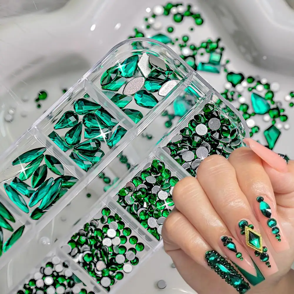 

12Grids 3D Xmas Emerald Green Nail Art Rhinestones Random Mixed Shapes Flatback Glass Gems Nail Art Decorations DIY Nail Supplie