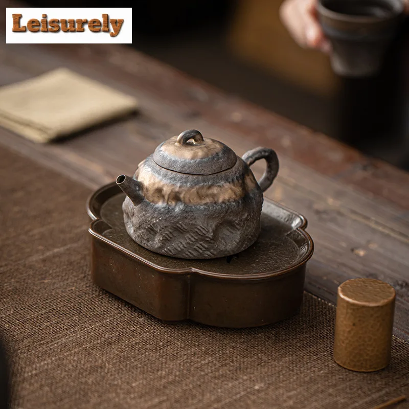 120ml Handamde Old Rock Mud Teapot Vintage Gilded Iron Glazed Pot Tea Maker Kettle with Ball Hole Oolong Tea Drinkware Craft