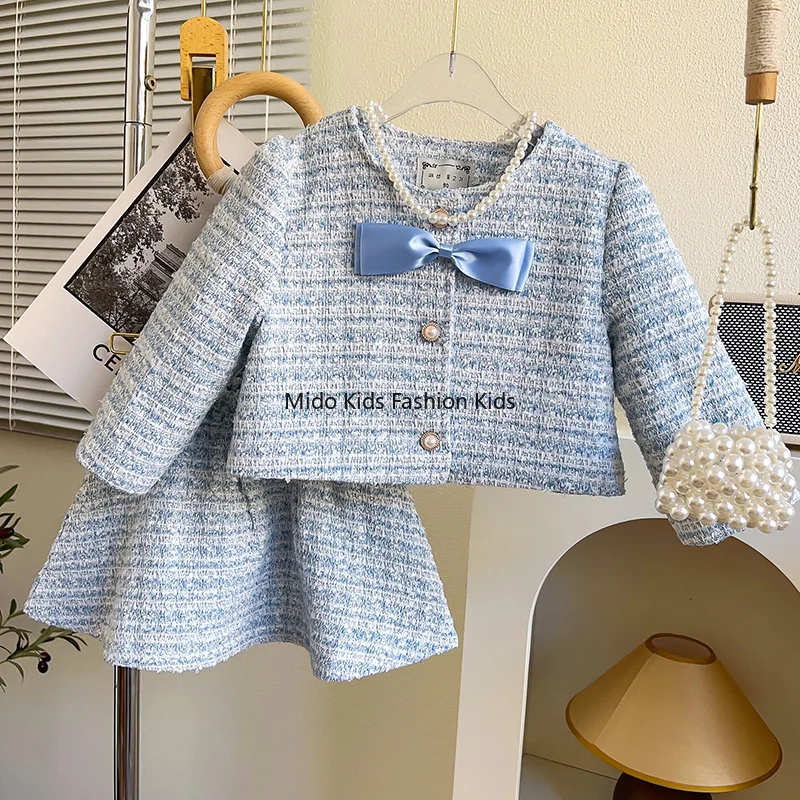 

Little Girl's Style Set Spring/Autumn 2025 New Arrival Fashionable Bow-Tie Jacket and Skirt Two-Piece Set 90-140cm