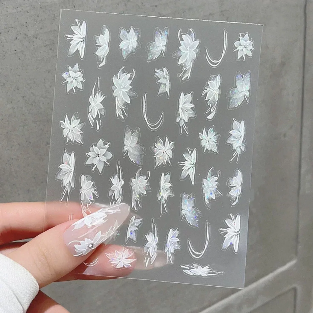 Nail Stickers White Semi Sheer Hepatica Flower Holographic Glitter Self Adhesive Waterproof Long Lasting for Home DIY