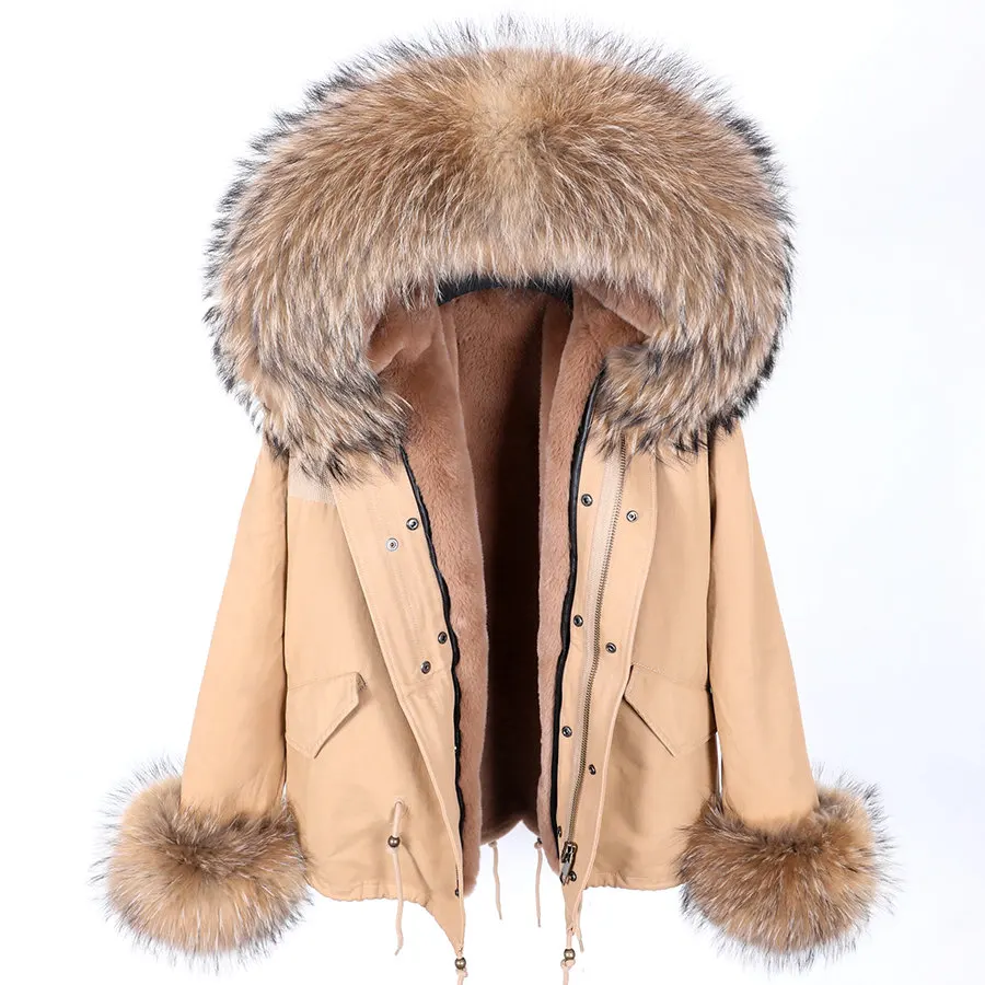 MAOMAOKONG 2024 Add cuff fur Winter Clothes Women Natural fur coat Real Raccoon Fur Collar Parkas Faux Fur Lining Short Jacket