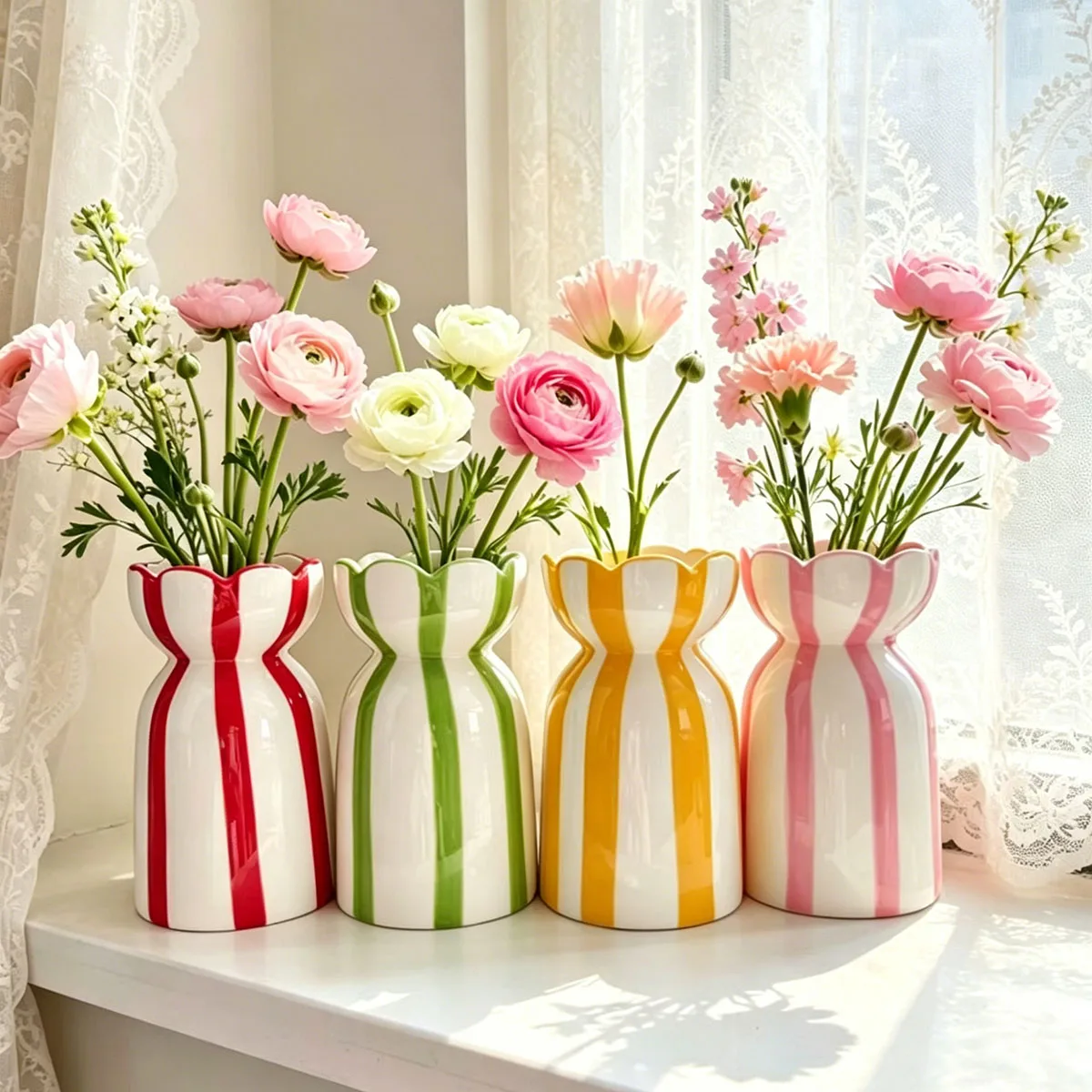 Striped Ceramic Flower Vase,Wedding Festival Spring Plant Pot ,Elegant Home Living Room Tabletop Decorative Ornament