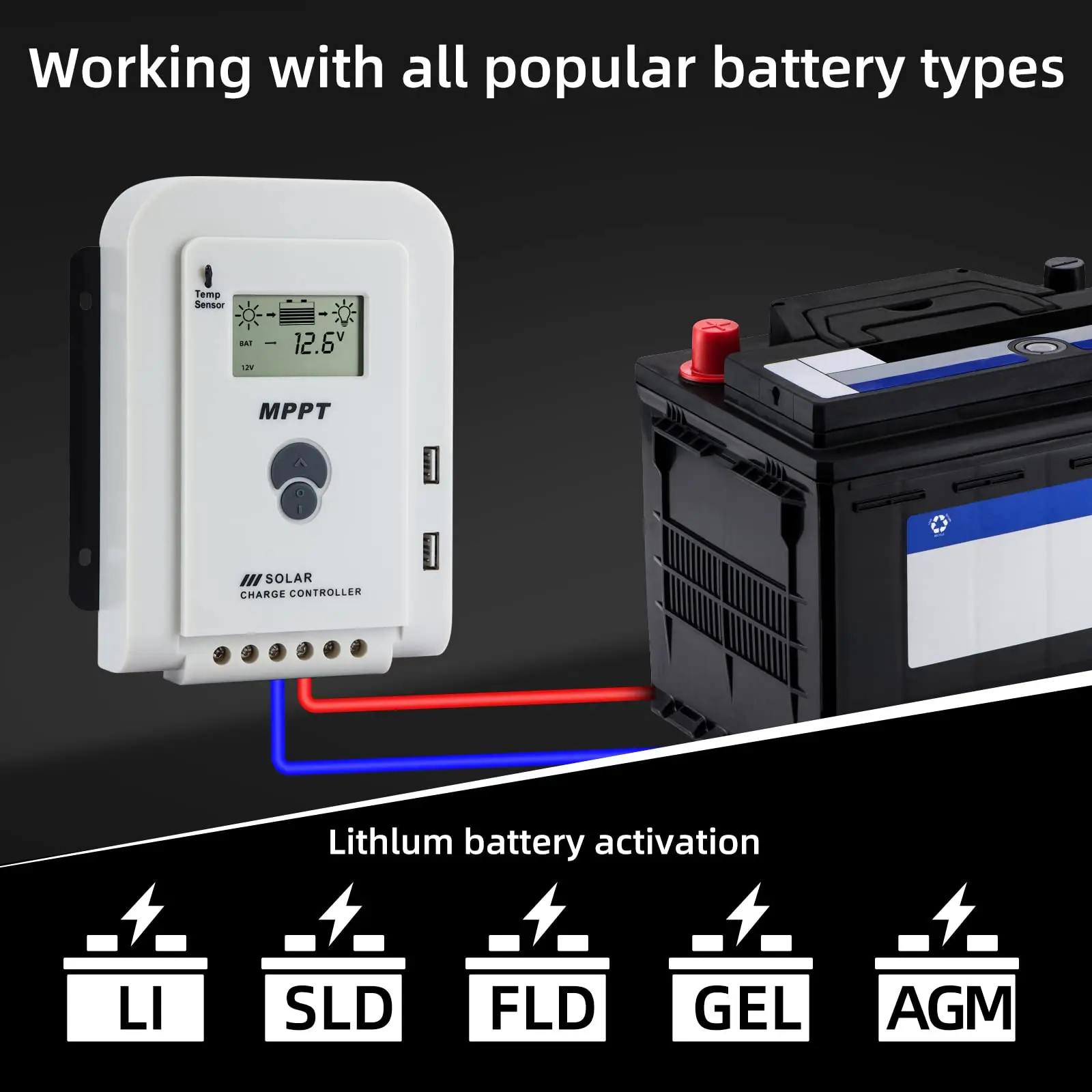 MPPT 24V/12V Auto Solar Charge Controller 60/40A/20A LCD Dual USB Regulator AGM, Gel, SEL, Flooded and Lithium Battery Charger