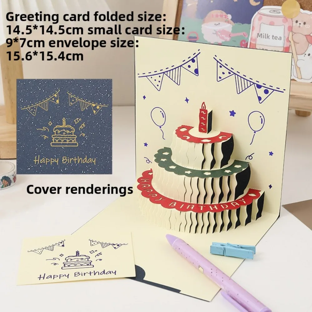 Personalized 3D Pop-Up Birthday Card featuring a cake design, gold-foil stamping on the cover, and intricate folded paper-cut ar