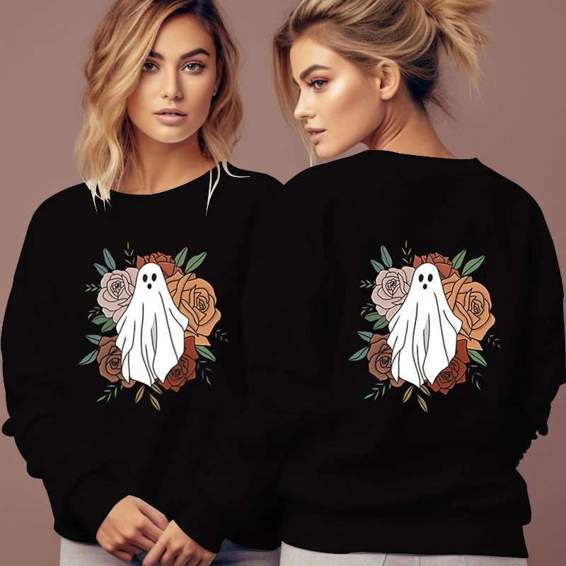 New Autumn Halloween Sweatshirts Women Cute Flower Ghost Pullover Streetwear Funny Long Sleeve Basic Halloween Female Hoodies