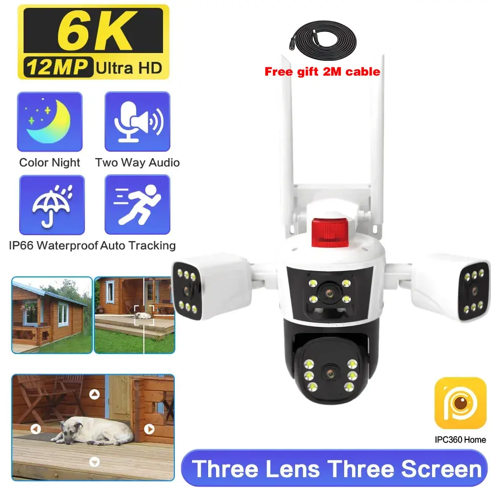 

12MP 6K IP Camera Three Lenses for Security Protection 4K 8MP Dual Screen Outdoor WiFi PTZ CCTV Video Surveillance AI Tracking