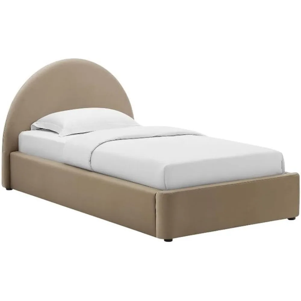 Twin Size Platform Bed with Arch Shaped Round Headboard in Taupe, Upholstered Bed Frame, Stain-Resistant Performance Velvet