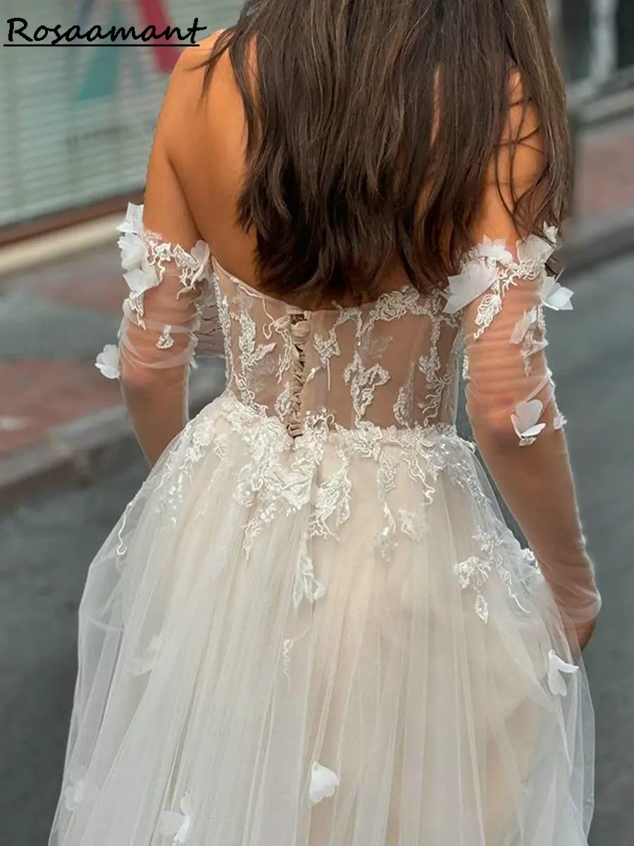 Robes de mariée A-ligne avec manches amovibles, appliques de fleurs 3D, plis en dentelle, Boho Country Patients, quoi que ce soit, poignées romantiques chérie