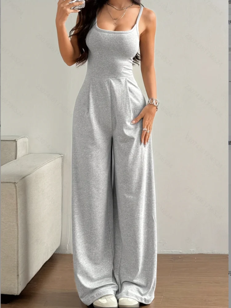 BWQ Women's Casual Halter Jumpsuit Spring Summer Daily Solid Slim-Fit Backless Sleeveless Jumpsuit Lady's Floor-Length Trousers