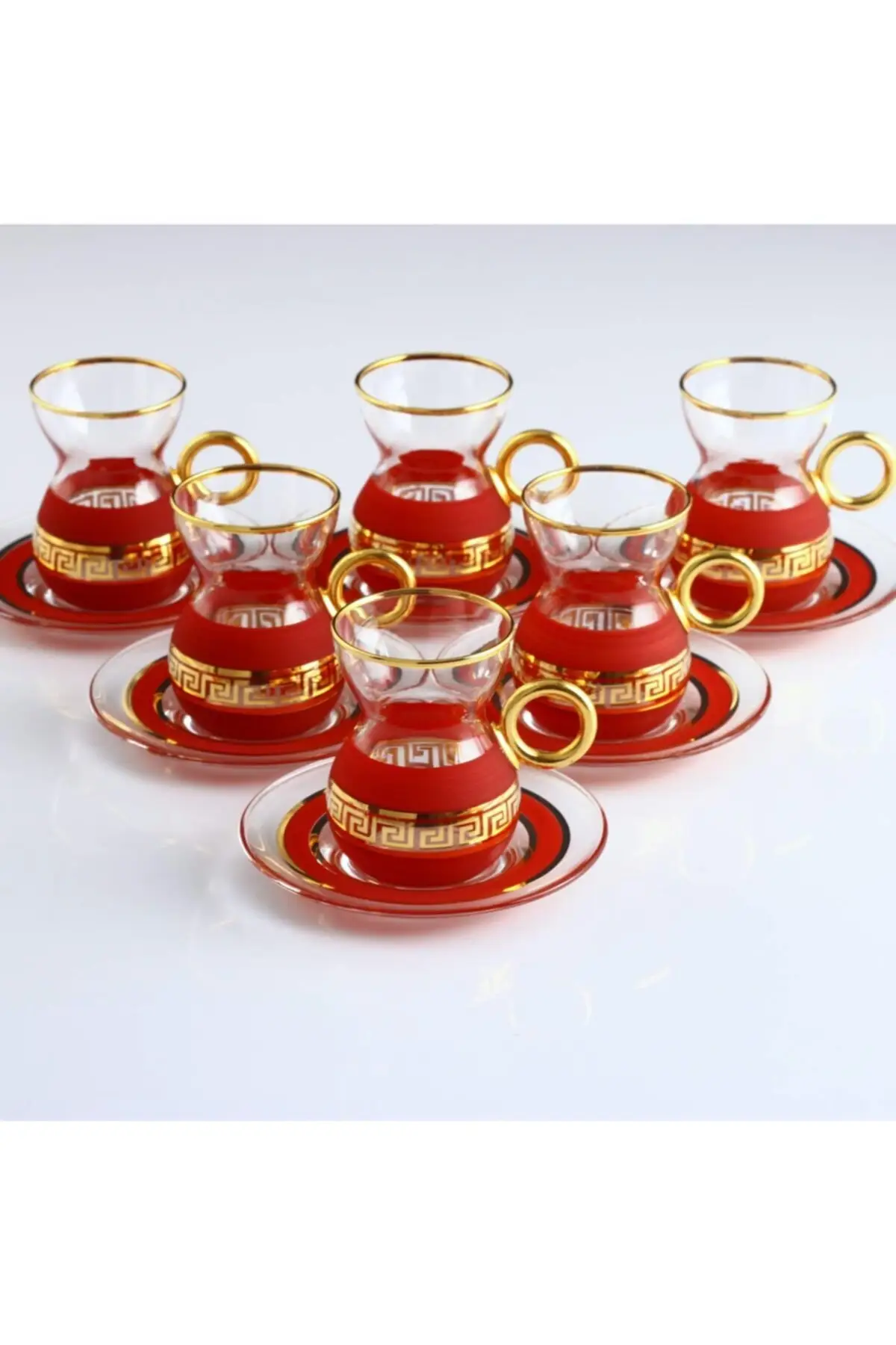 DOLBOVI 12 Parça Handle Tea Kit-Antique Gold Burgundy Turkish Tea Glass Cup