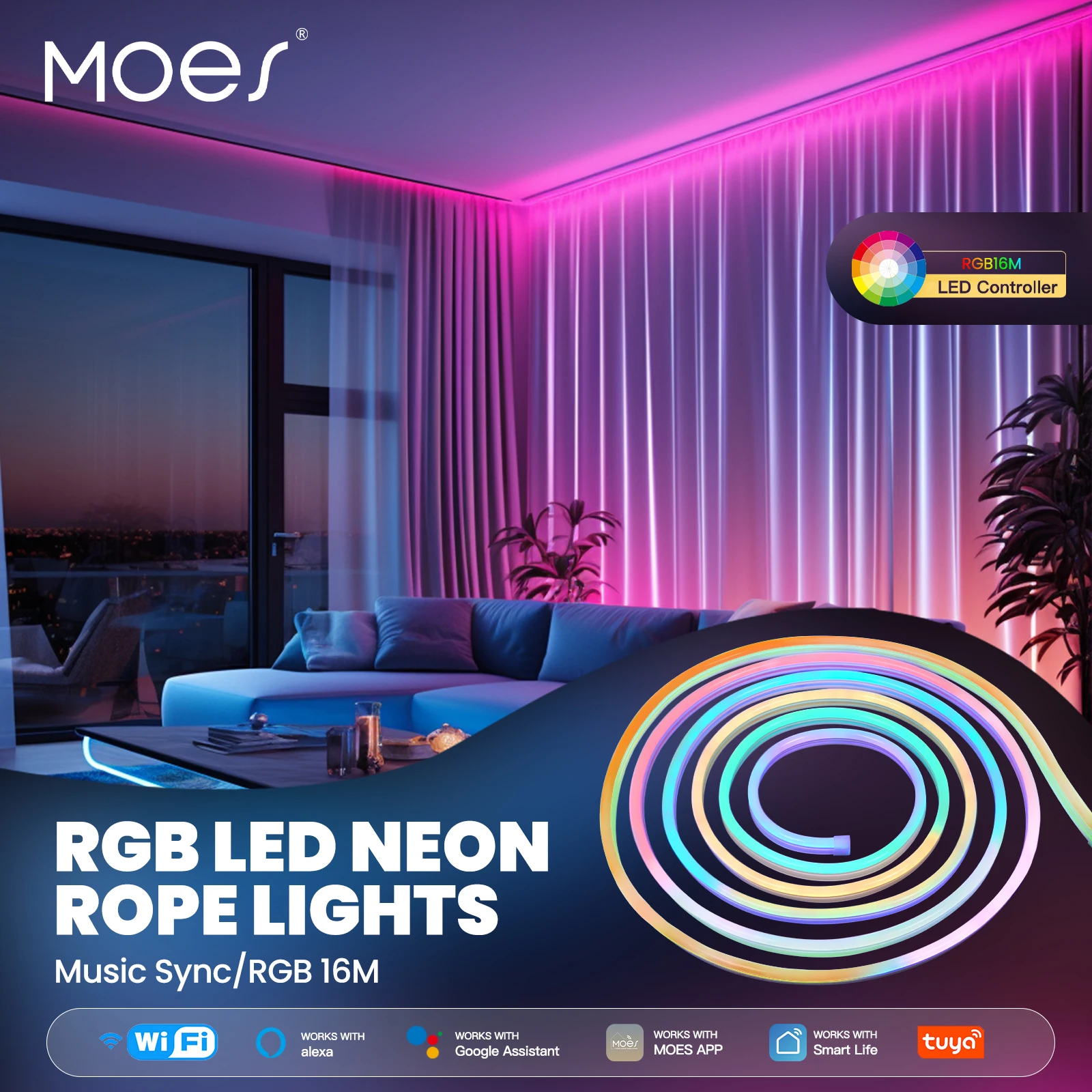 MOES Wifi Smart Neon LED Light Strip 16 Million RGB Color Rope Lamp for TV Backlight, party Decor Work with Alexa Google Home