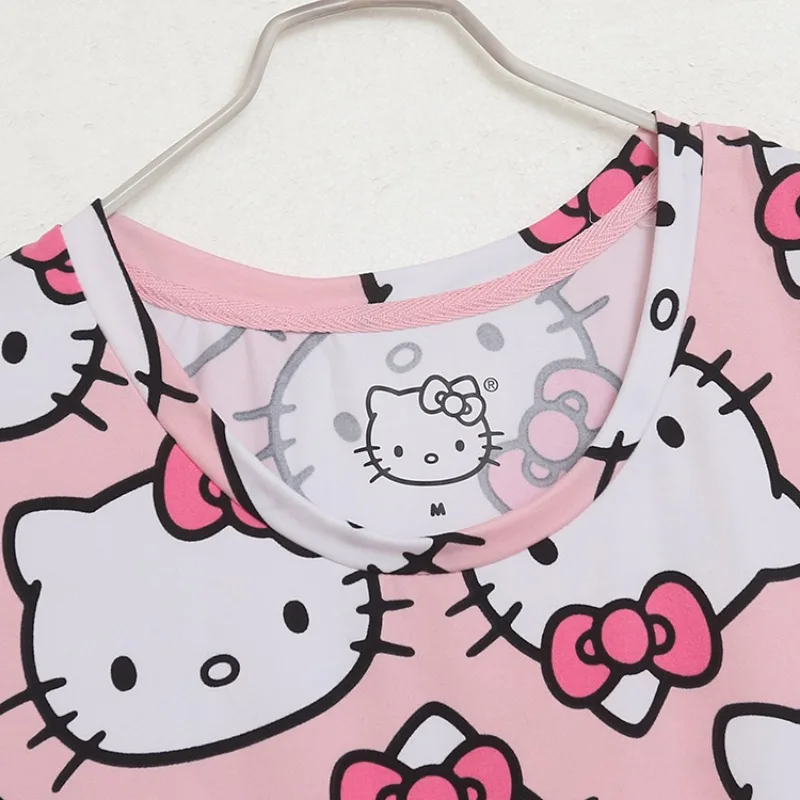 New Summer Hello Kitty Girl Short Sleeves Pajamas Anime Kawaii Women Soft Skin-friendly Loose Nightgown Dress Outdoor Skirt Gift