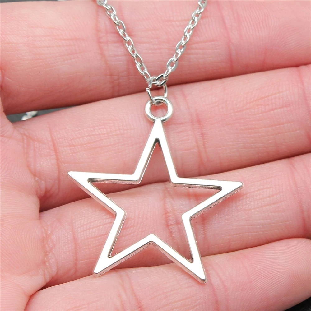 Fashion Simple Vintage Antique Silver Color 36x33mm Hollow Star Pendant Necklace for Women