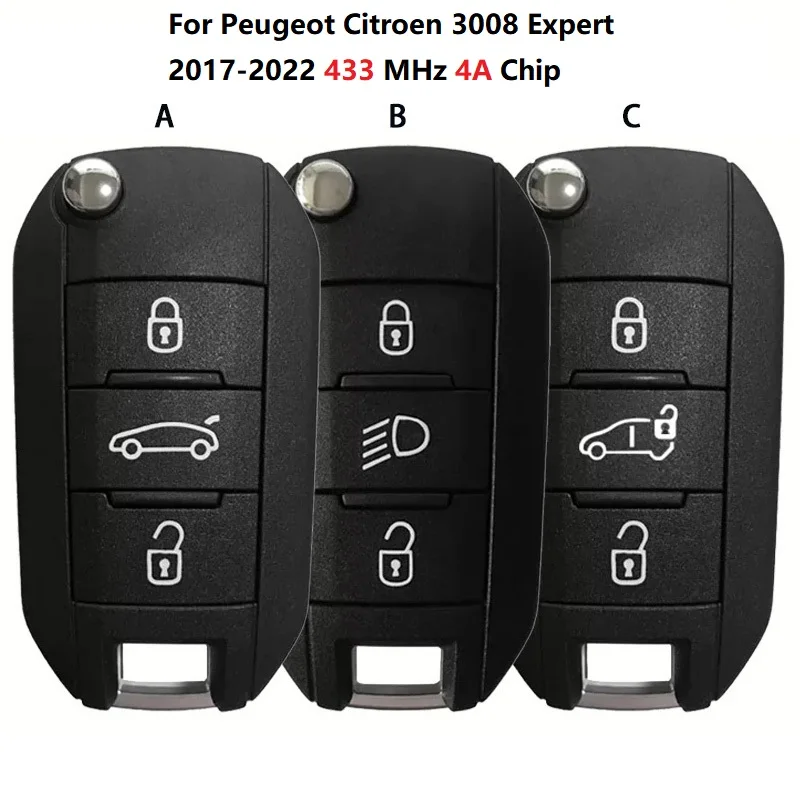 CN009052 Special Price For Peugeot Flip Key 4A Chip 3008 Expert 2017-2022 Citroen 433 MHz Remote 3 Button Smart Remote