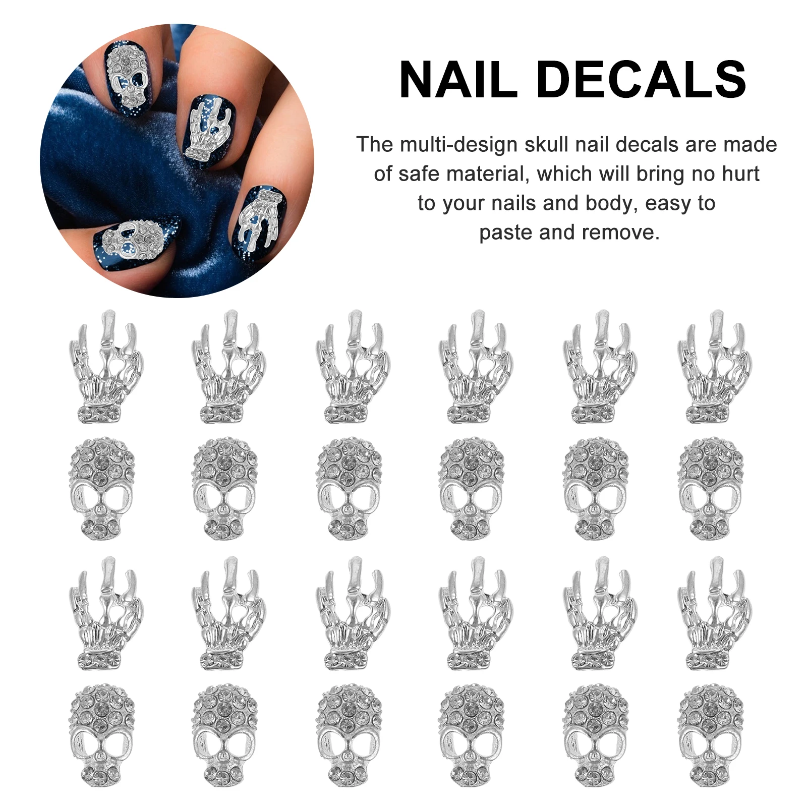

40 Pcs Gems Skull Nail Drill Rhinestones Manicure Stickers Silver Alloy Cellphone Decor