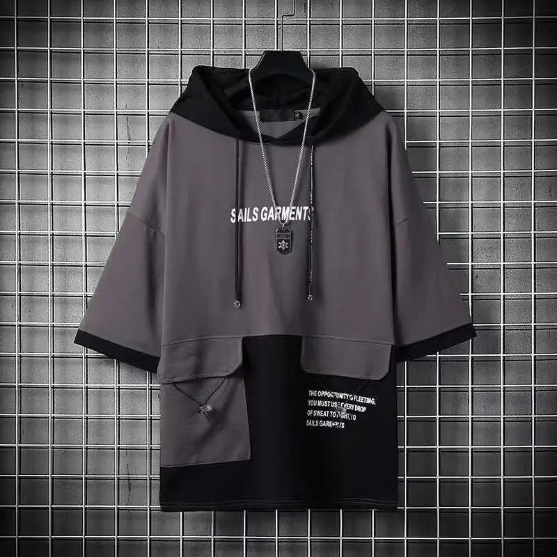 Summer Men\'s T-Shirts Japan Harajuku Fashion Streetwear Short Sleeve Hooded Tops Tees Casual Men Clothing Printed T Shirts Men